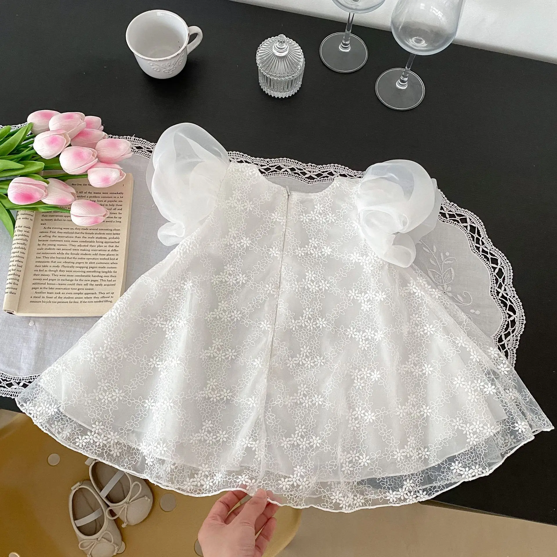 Ins Summer Style Girl Baby 0-4 Year Old Baby Princess Hundred Day Banquet Dress Bubble Short Sleeve Cotton Lace Skirt Dress