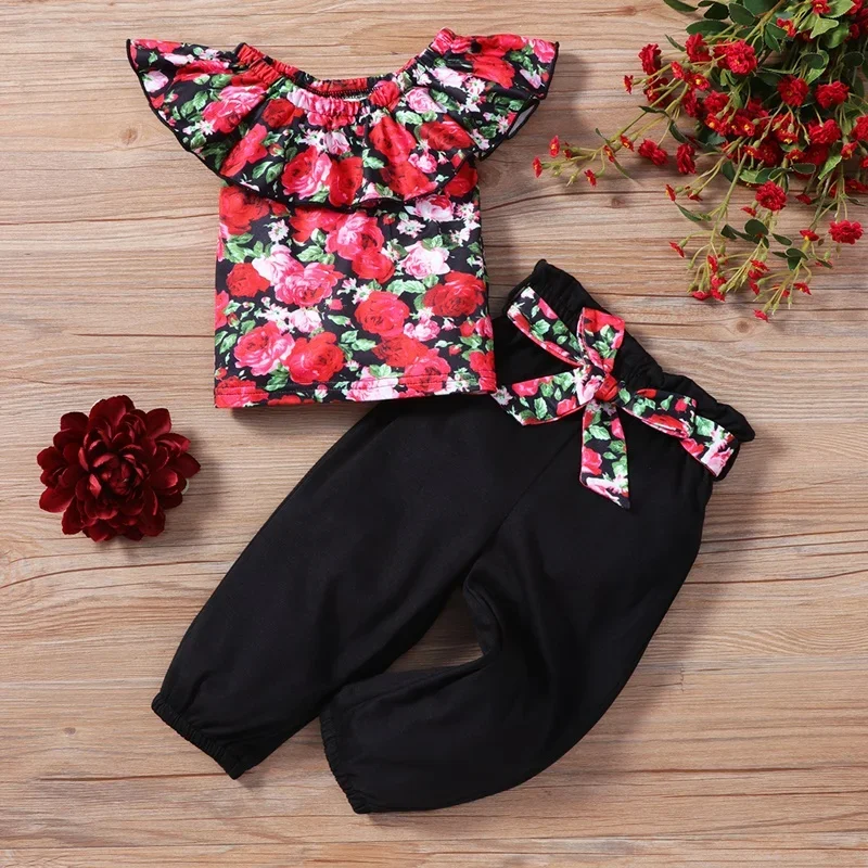 Summer Toddler Infant Clothes Baby Clothing Set Boho Rose Flower Turndown Collar Tops+belt Long Pants 2 Pcs Sets Baby Suit 0-18M