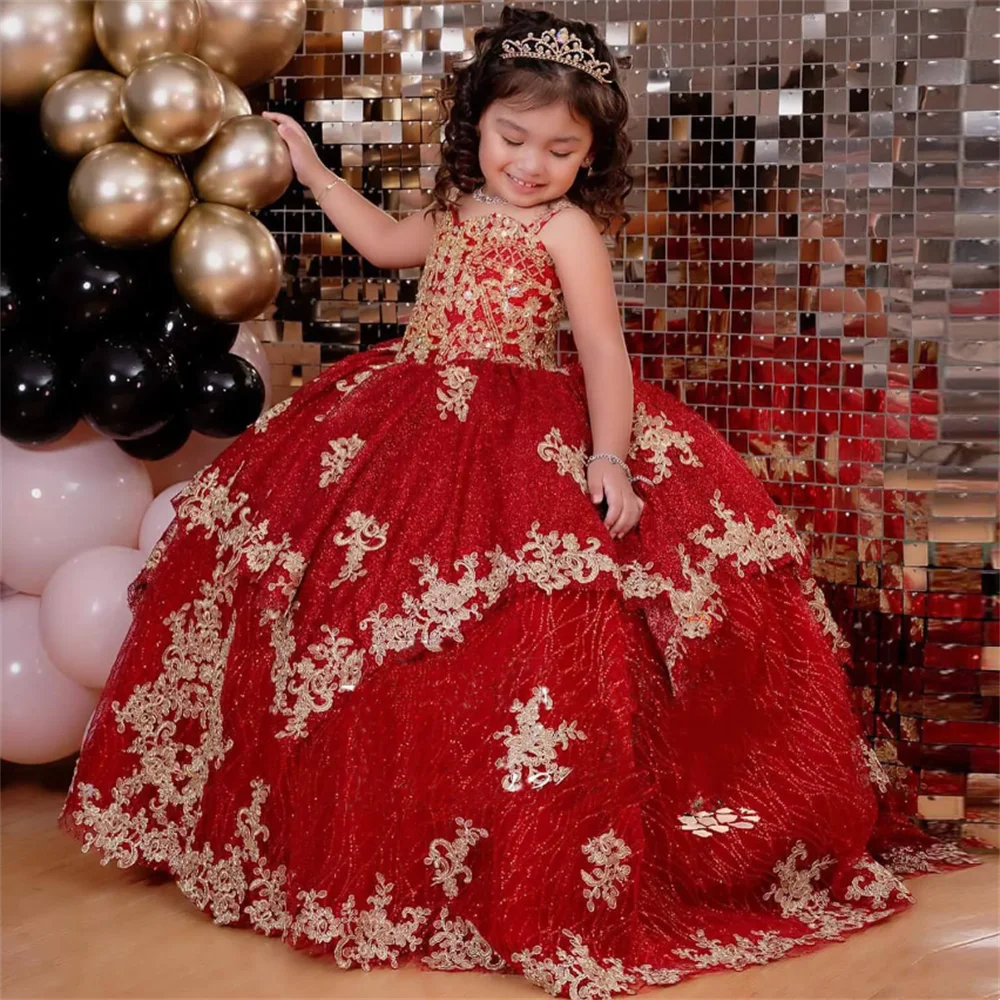 Luxury Red Sequined Ball Gown Toddler Little Girls Pageant Prom Dress for Kid Flower Girl Party Gowns Birthday Wear