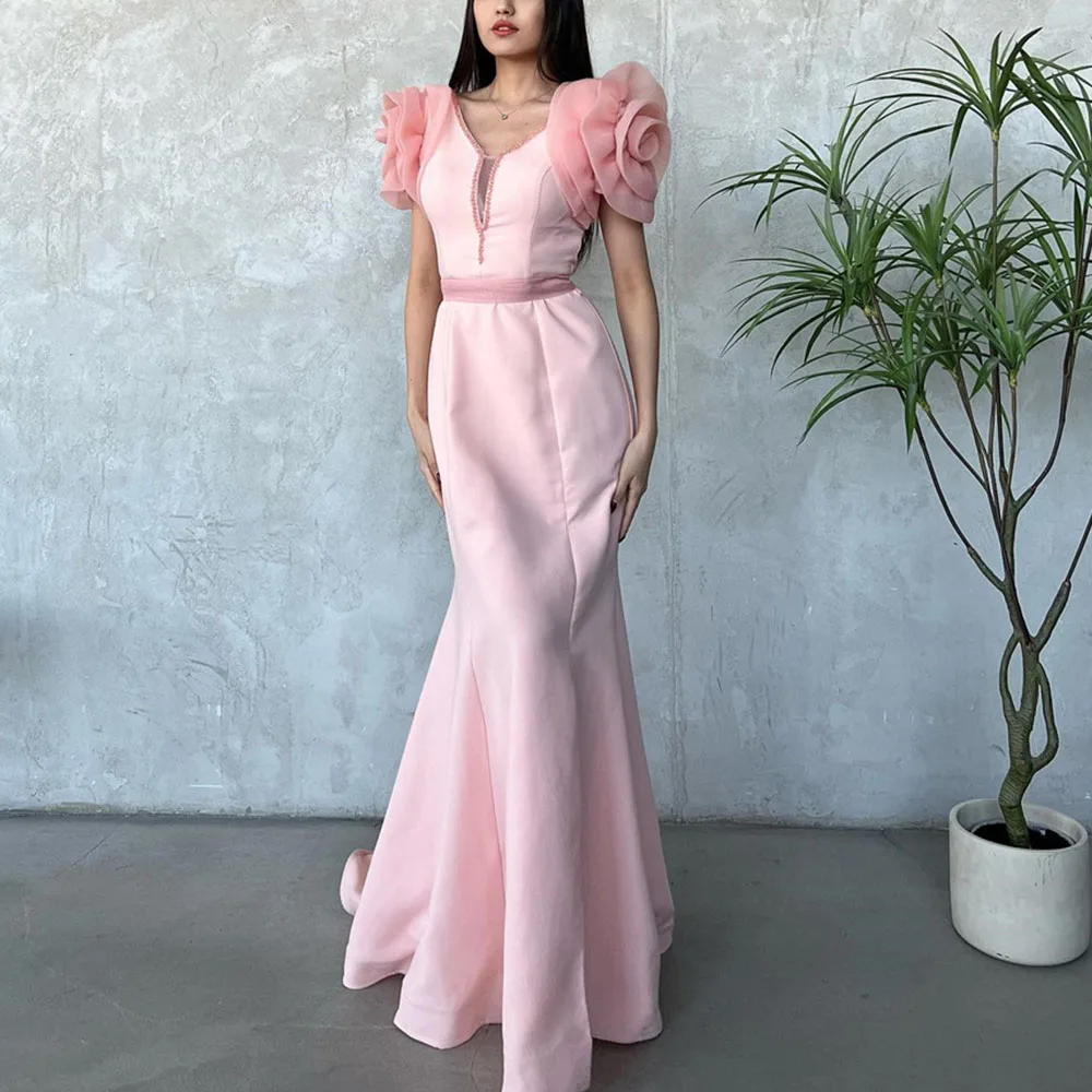 

Elegant Prom Gown for Women V-Neck 3d Pleat Flowers Floor-Length Sweep Train Romantic Evening Party Dresses выпускное платье