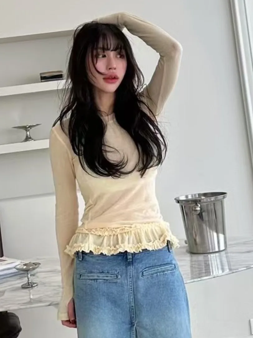 เสื้อซับในผู้หญิงทรงเข้ารูป ผ้าลูกไม้แต่งขอบ แขนยาว ระบายอากาศได้ดี สวมใส่สบาย รุ่นใหม่สำหรับฤดูใบไม้ผลิ