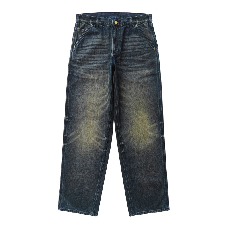 Sauce Zhan Men's Distressed Wash Jeans Selvedge Denim Loose Fit Straight Leg 14 Oz