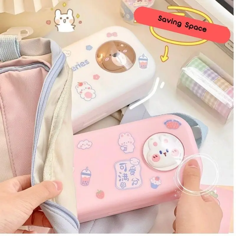 Cute Morandi 2-layer Pencil Bag Large-capacity Pencil Case with Rabbit  Bear DIY Stickers Kawaii Desk Accessories Pen Holder