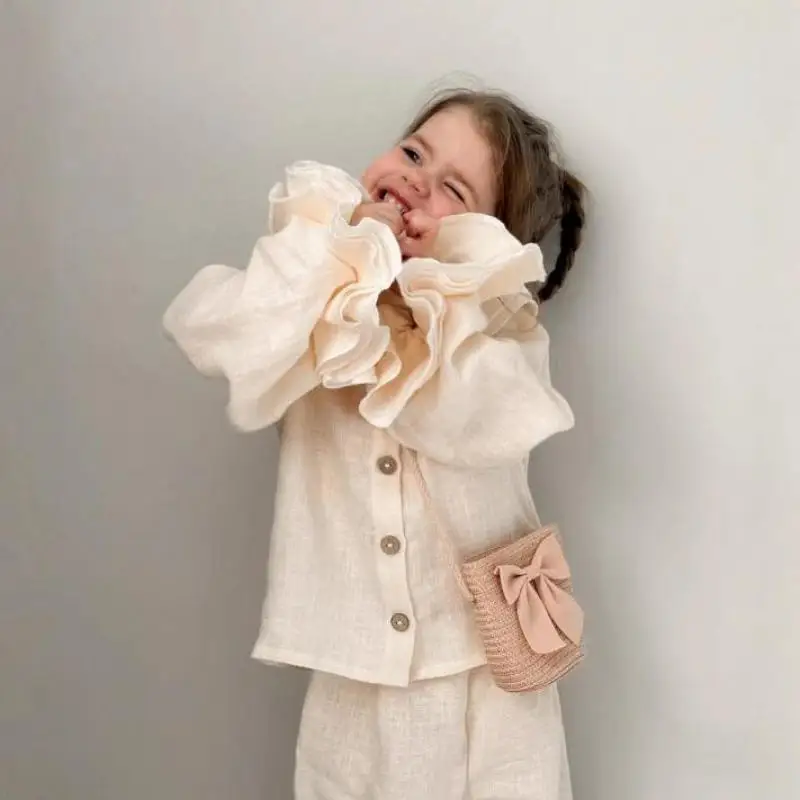 

2026 Spring New Children Long Sleeve Clothes Set Girls Linen Flare Sleeve Shirts + Wide Leg Pants 2pcs Suit Kids Casual Outfits