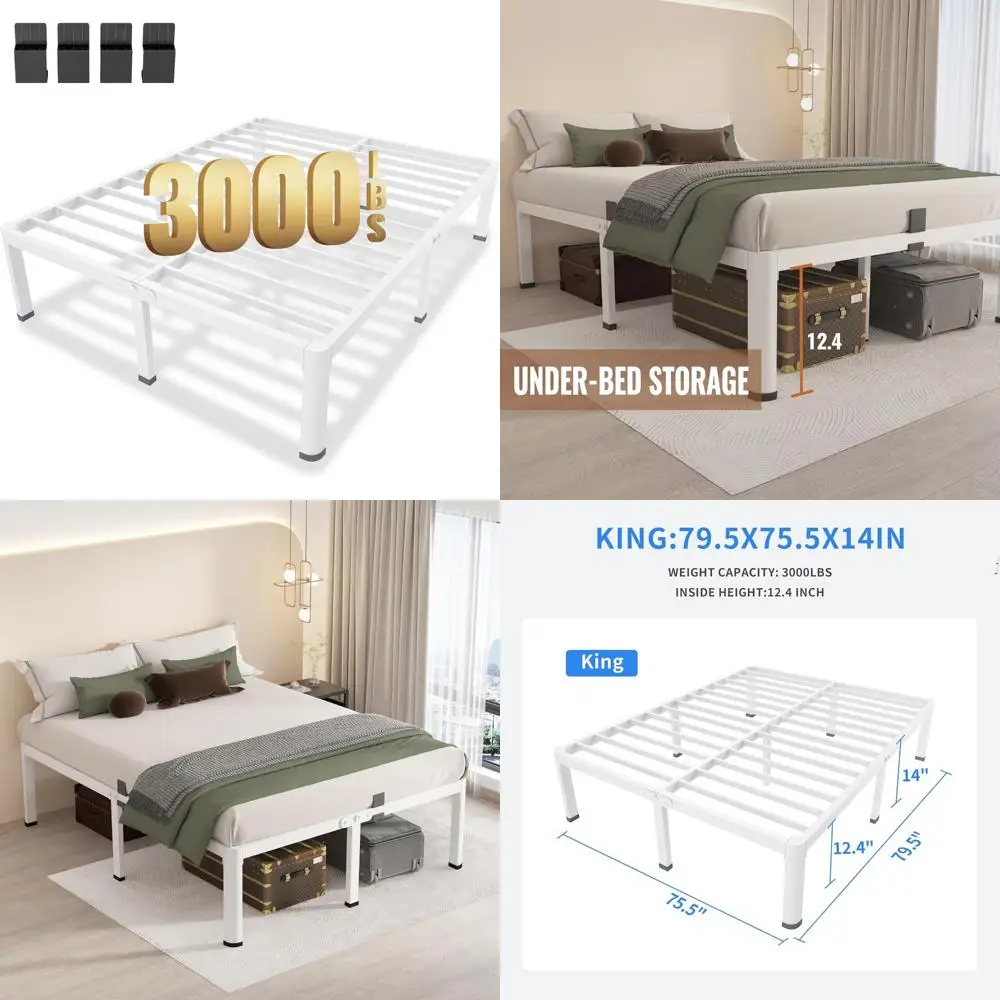 

14 Inch King Size Metal Platform Bed Frame in White with Rounded Corner Legs, Supporting Up to 3000 LBS, Equipped with Steel Sla