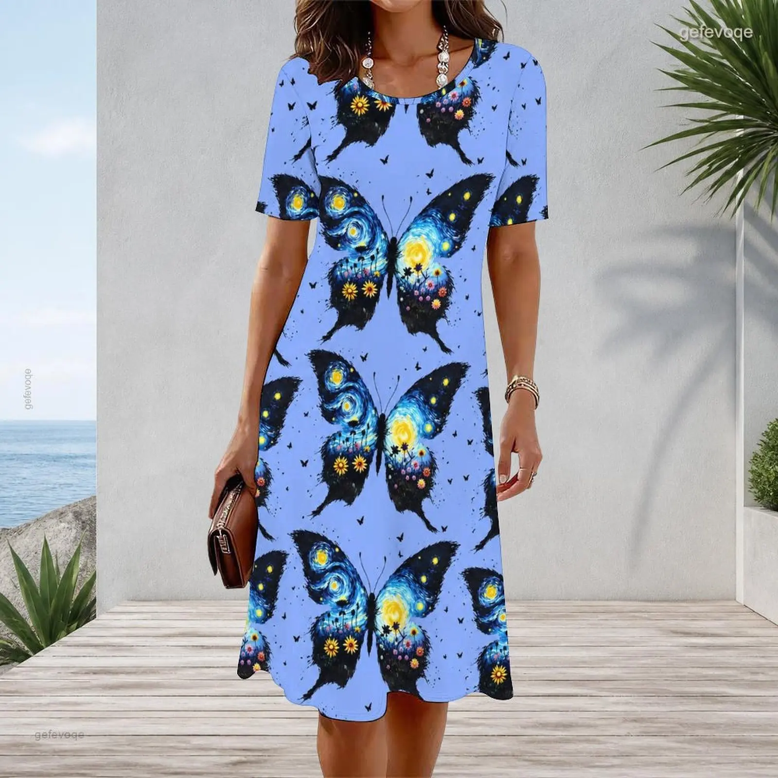 Women Round Neck Short Sleeve Light Blue Printed Starry Night Art Butterfly Floral A Line Dress