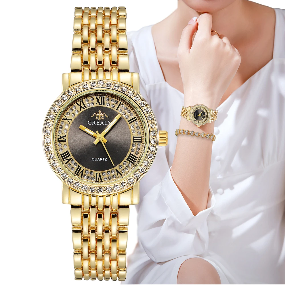 Montre à quartz décontractée pour femme avec bracelet en acier inoxydable, horloge dorée, ensemble de diamants, marque de luxe, mode Rome