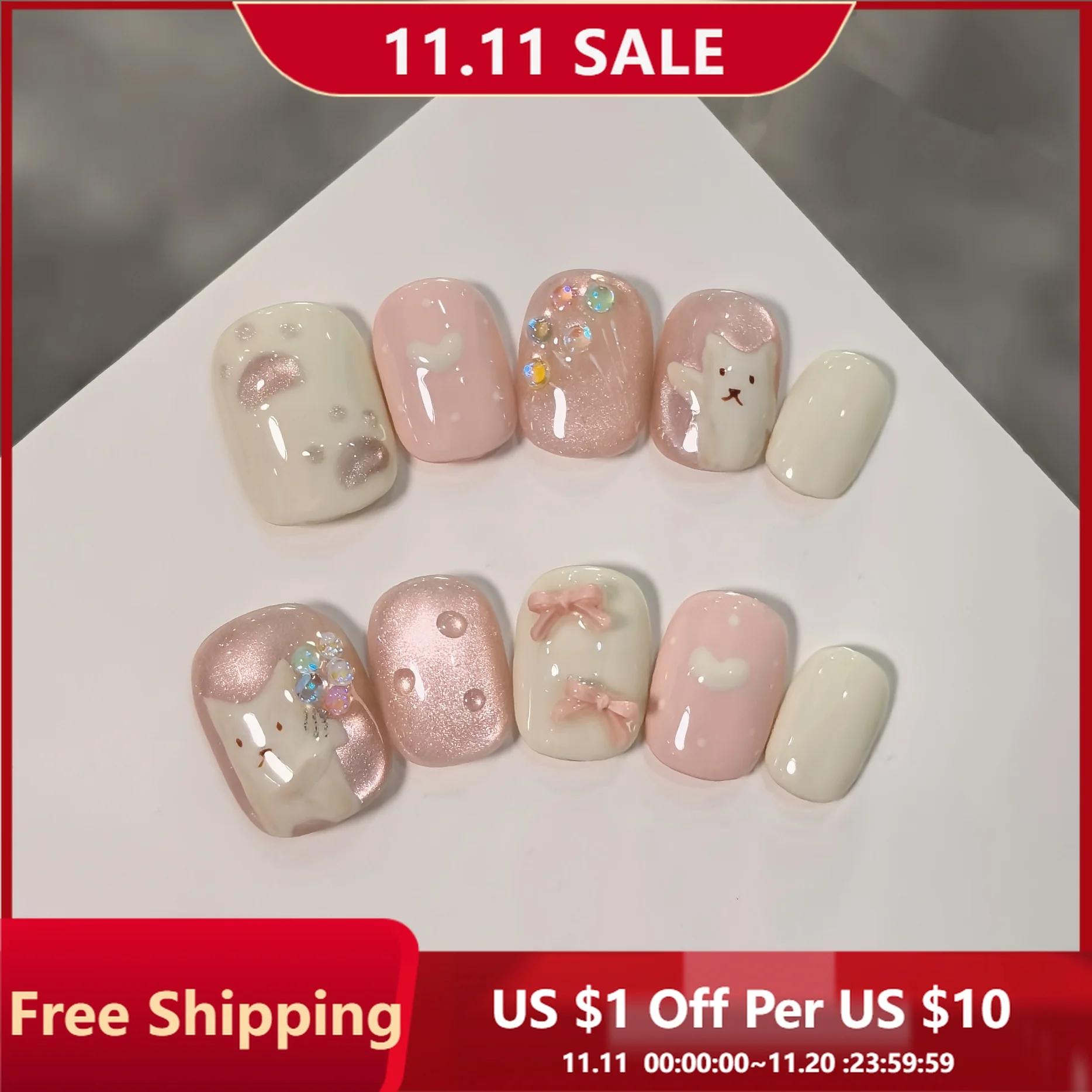 

10Pcs Hamdmade Press on Nails Cat Eye Pink Hand-Painted Bouquet Cat Bow Fake Nail Bean Nails Detachable Wearable Nail for Women