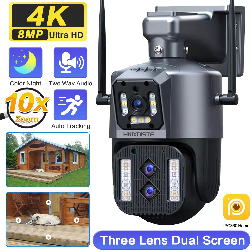 

8MP 4K Audio IP Camera Outdoor WiFi PTZ Multiple Lens Dual Screens 10X Optical Zoom Auto Tracking Waterproof Security CCTV Cam