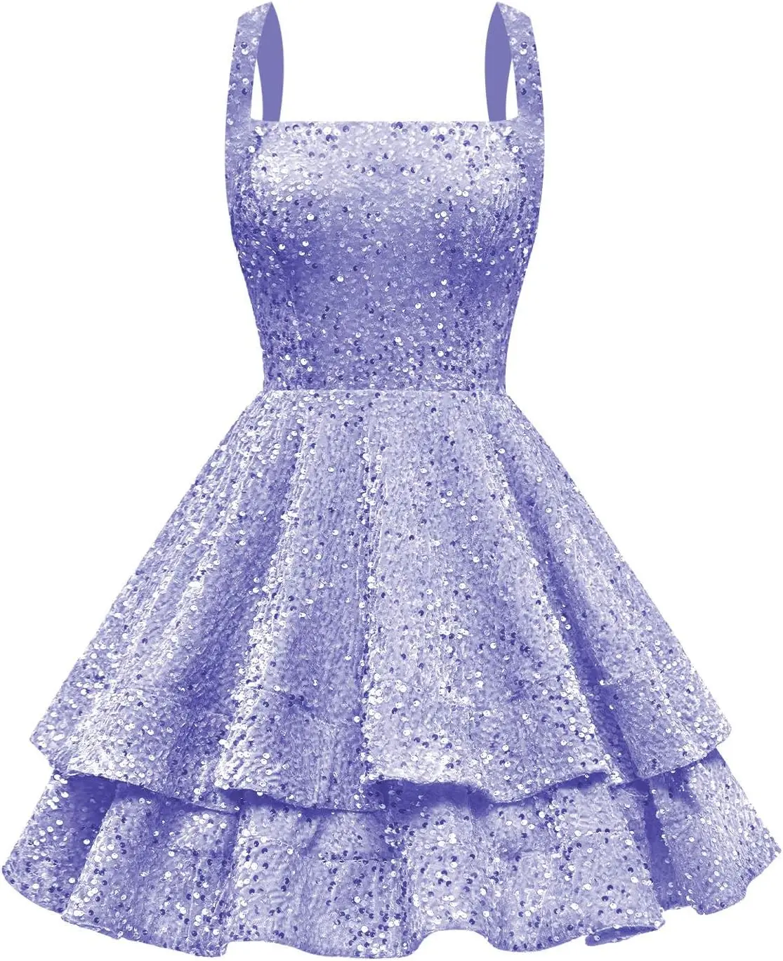 

Sparkly Lavender Sequin Homecoming Dress for Teens Sweet 16 with Straps Tiered Square Neck Short Cocktail Party Gown for Women