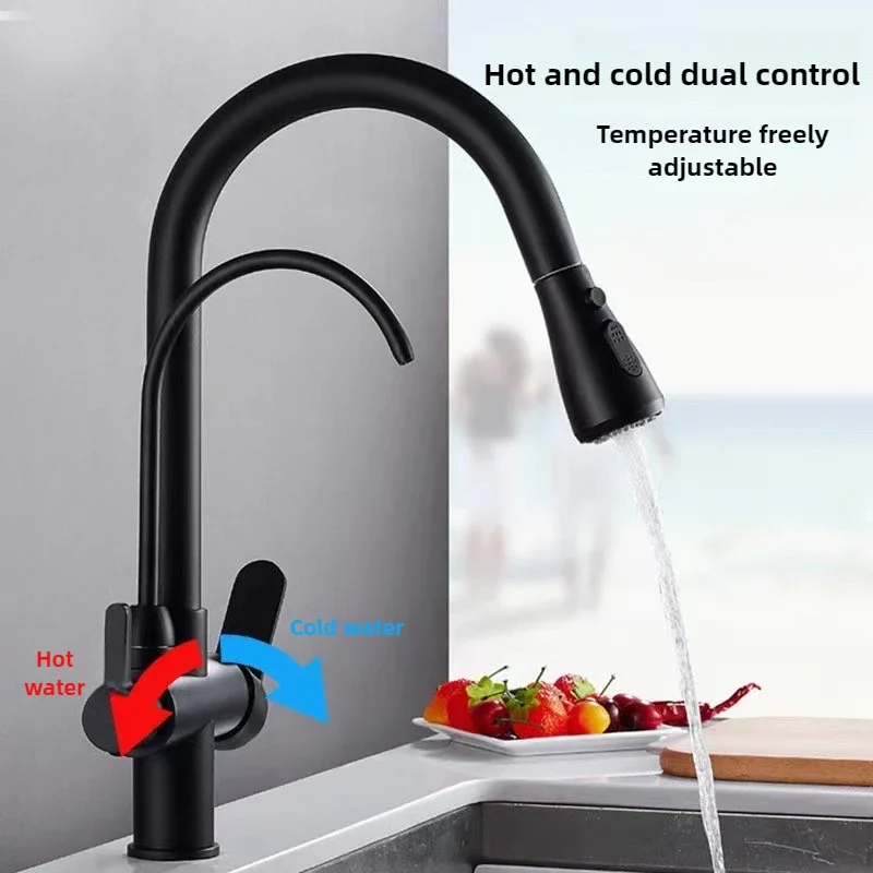 Keran Dapur Komersial dengan Fungsi Ganda Penyemprot Pull Down, Keran Pemurni Filter Air 3 in 1, Keran Pencampur dengan Selang