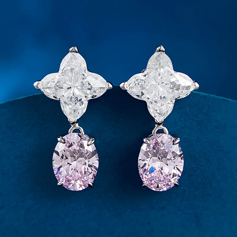 New Imported High Carbon Diamond Clover 11 * 11mm Inlaid Oval Pink Diamond Earrings with Luxurious Inlay Style, Niche