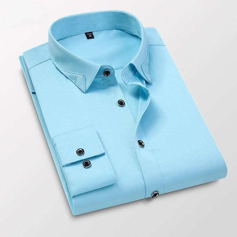 New Men's Luxury Embroidered Long Sleeve Dress Shirt Slim Fashion Business Casual Anti-Wrinkle No-Iron Stretch Male Shirt
