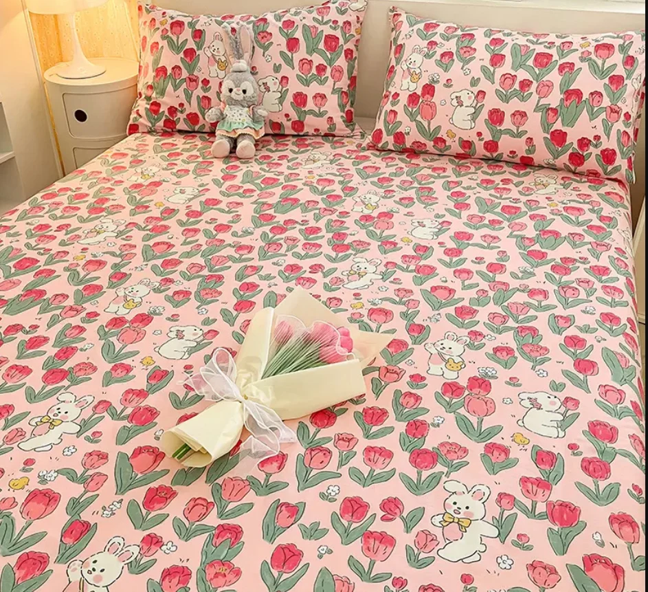 100% Cotton Fitted Sheet with Elastic Band + 2pcs Pillowcase Extra Deep Pocket 20 inch 50cm Deep Flower Printed Mattress Cover