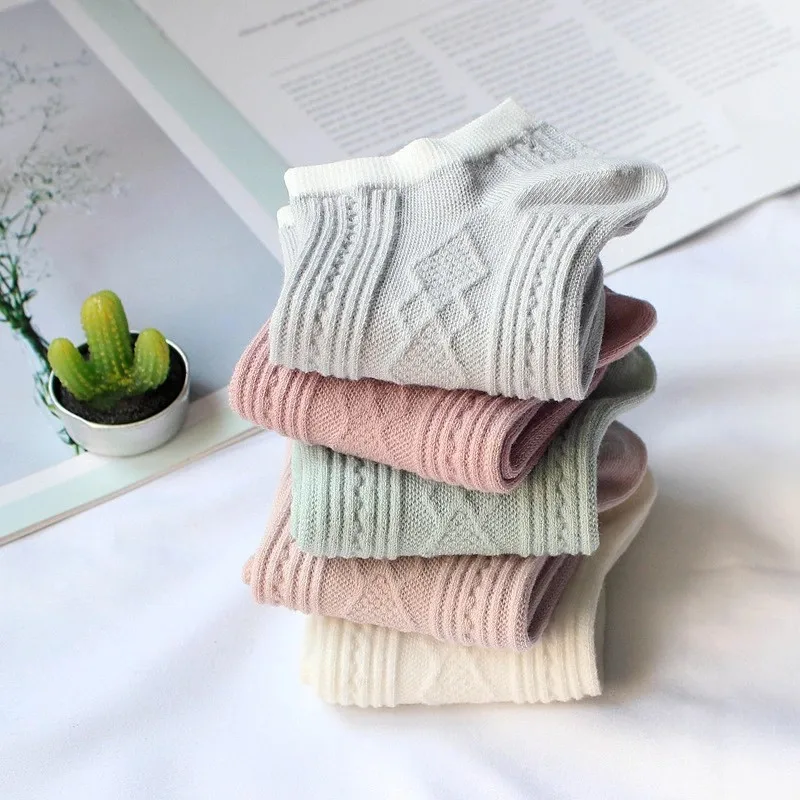 Five Pairs of Summer Socks Female Japanese Solid Color Cotton Breathable Socks Female Korean Double Needle Invisible Socks