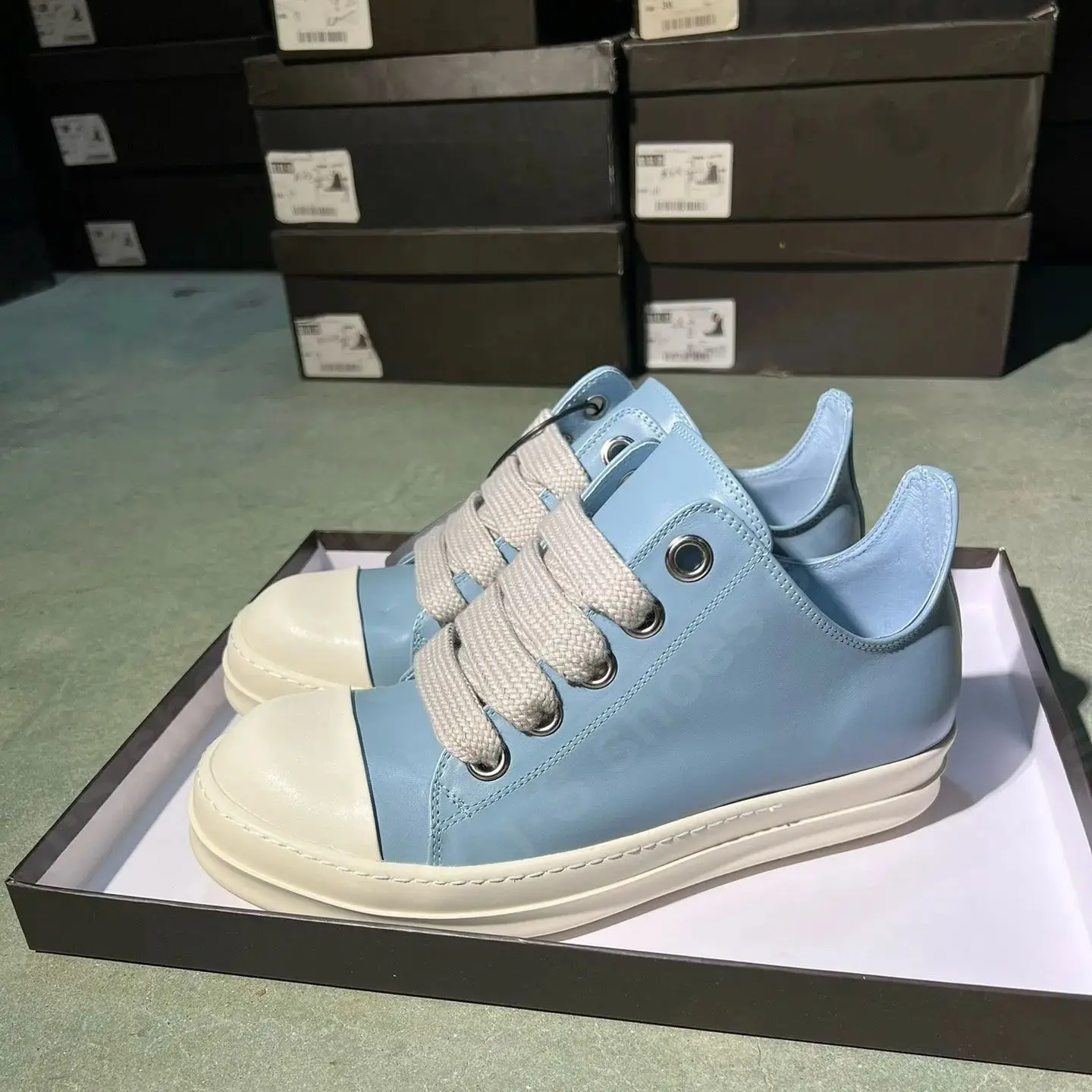 

Ricks Men Shoe Blue Leather Low Top Shoe Jumbo Laces Owens Women Sneaker Casual Shoe Owen Design Thick Sole Sneakers Shoes