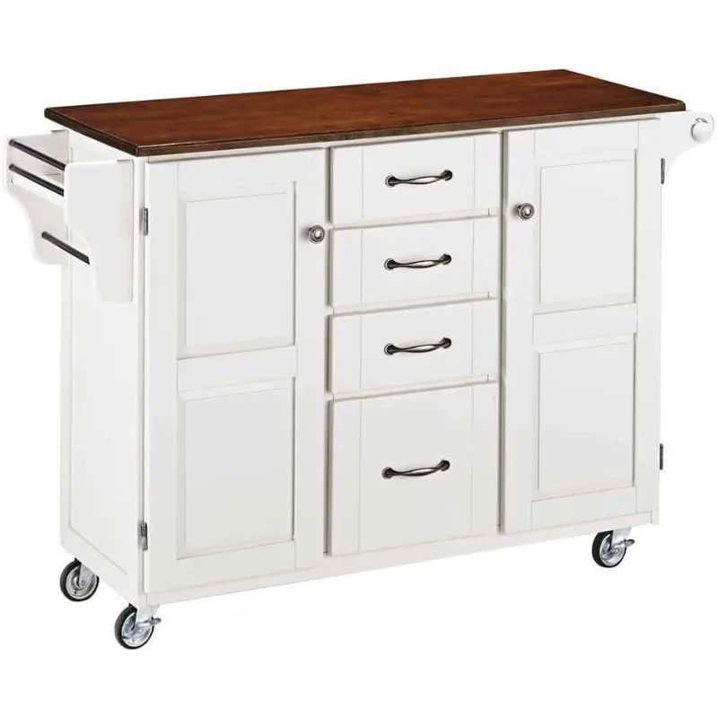 White 2 Door Cabinet Kitchen Cart with Cherry Top Heavy Duty Locking Rubber Casters for Easy Mobility and Safety