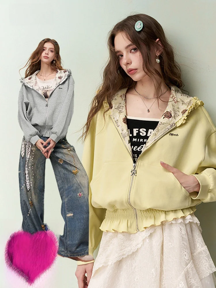 

Женская толстовка Elfsa с кружевными вставками и капюшоном, весенняя, повседневная, свободного кроя, с длинными рукавами, на молнии, цвет розовый