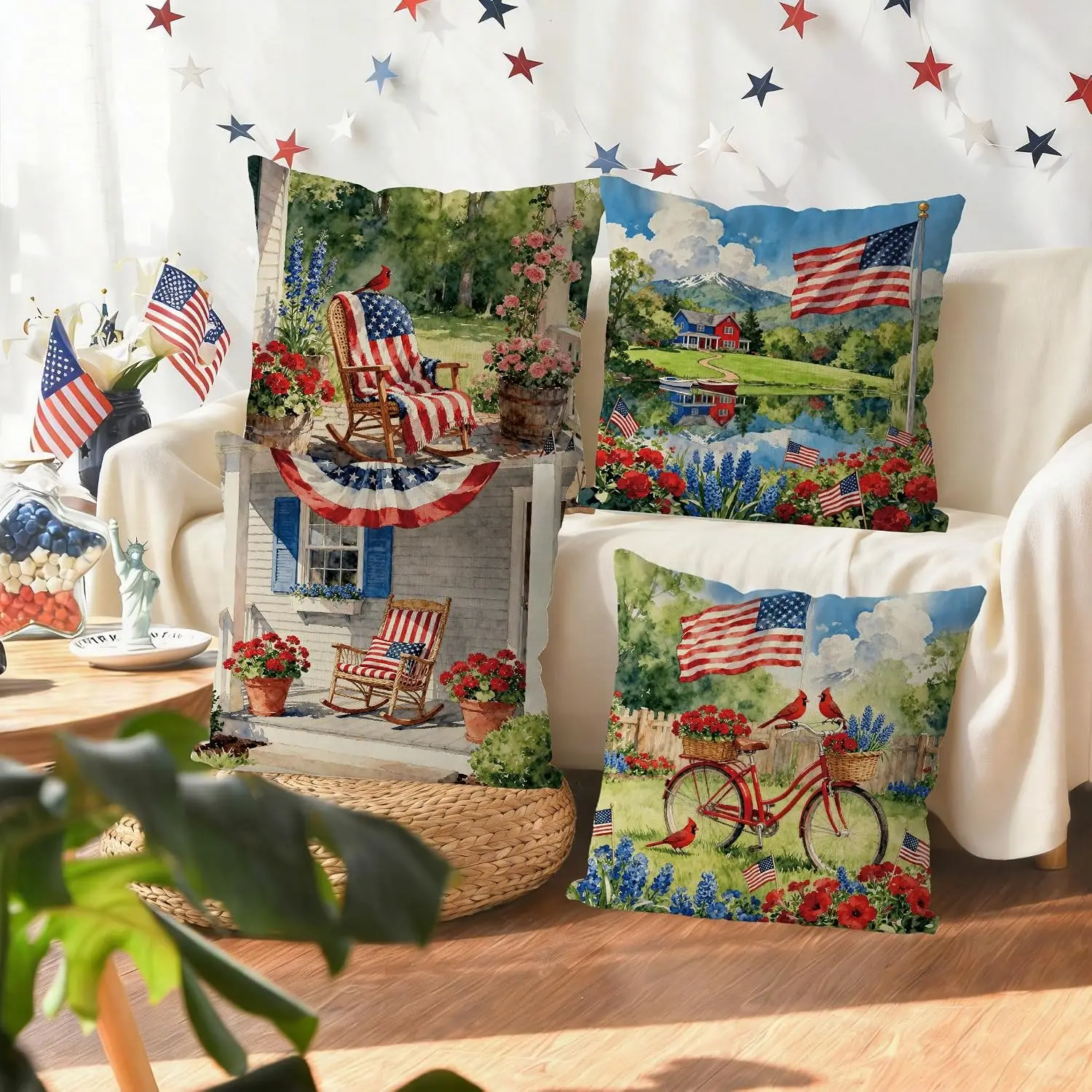 Set of 4 Patriotic American Flag Throw Pillow Covers Farmhouse Americana Garden Cottagecore Summer Outdoor Home Decor Accent Pil