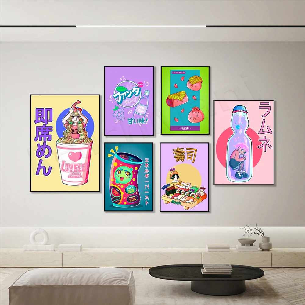 Japanese cartoon ramen, sushi, strawberry milk, takoyaki, Japanese berry mixed juice poster kitchen restaurant decoration