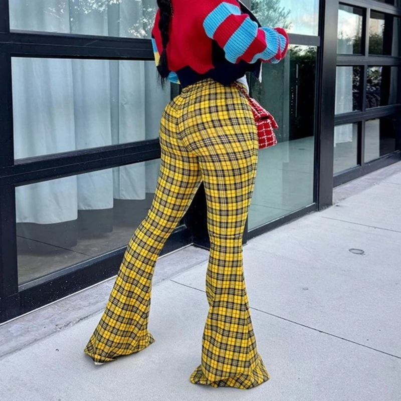 Y2k Women's Plaid Printed Tight Fitting Wide Leg High Waist Long Trousers Versatile Flared Pants 2025 Fashion Retro
