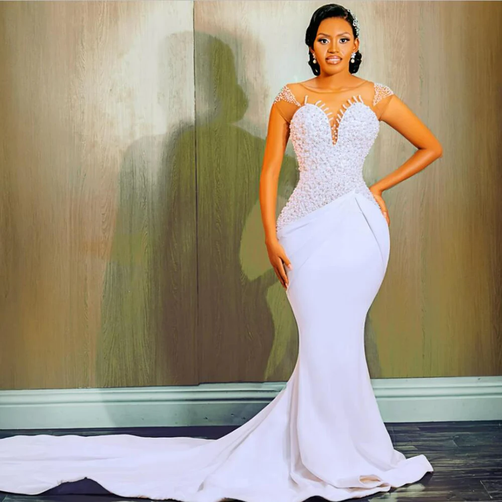 Elegant White Mermaid Wedding Dresses Customized Sparkly Crystals Beaded Bridal Gowns Plus Size Arabic Aso Ebi Robe De Mariee