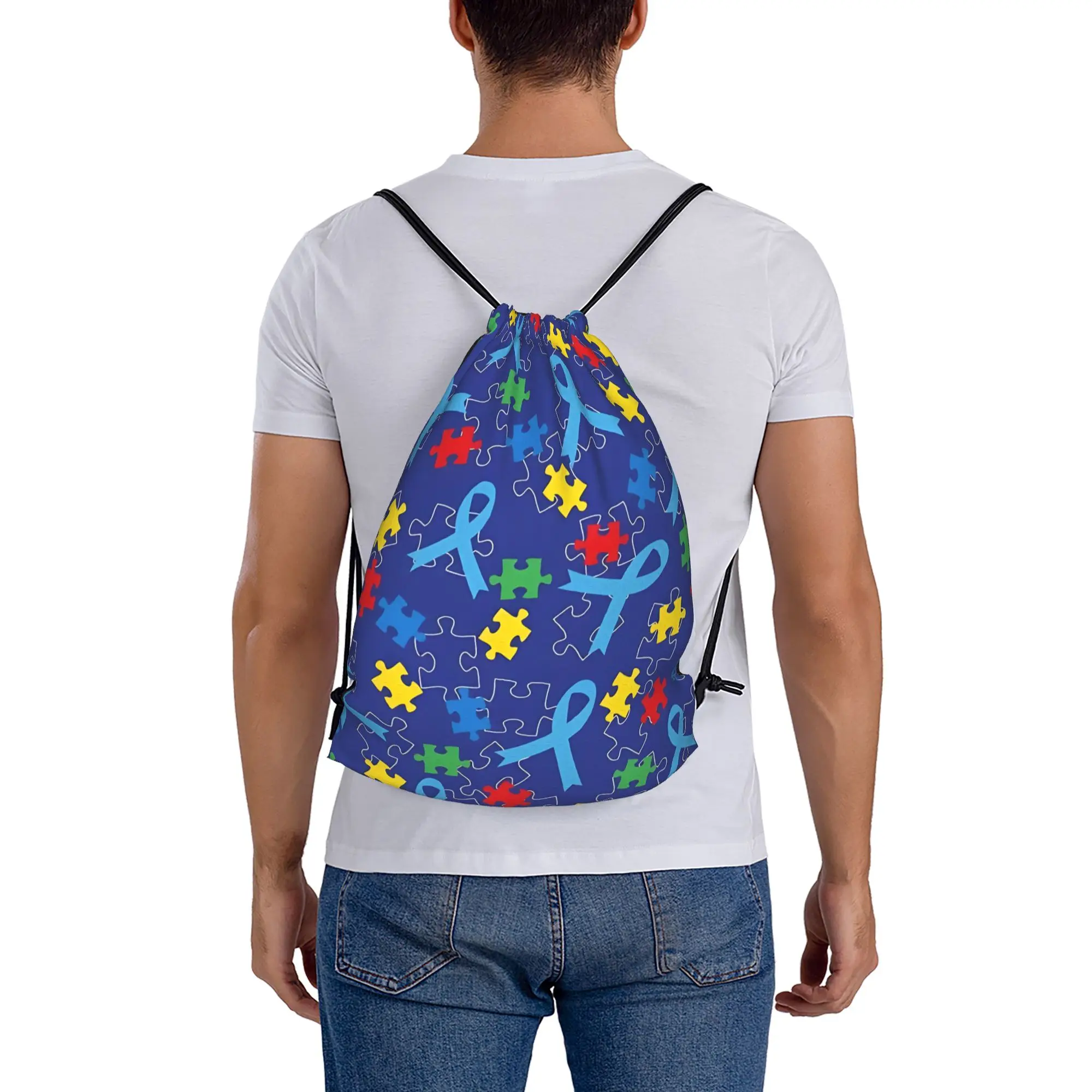 Autism Puzzle Piece Ribbon Pattern  Portable Sports Drawstring Backpack Riding Backpack Gym Shoes Drawstring Bags