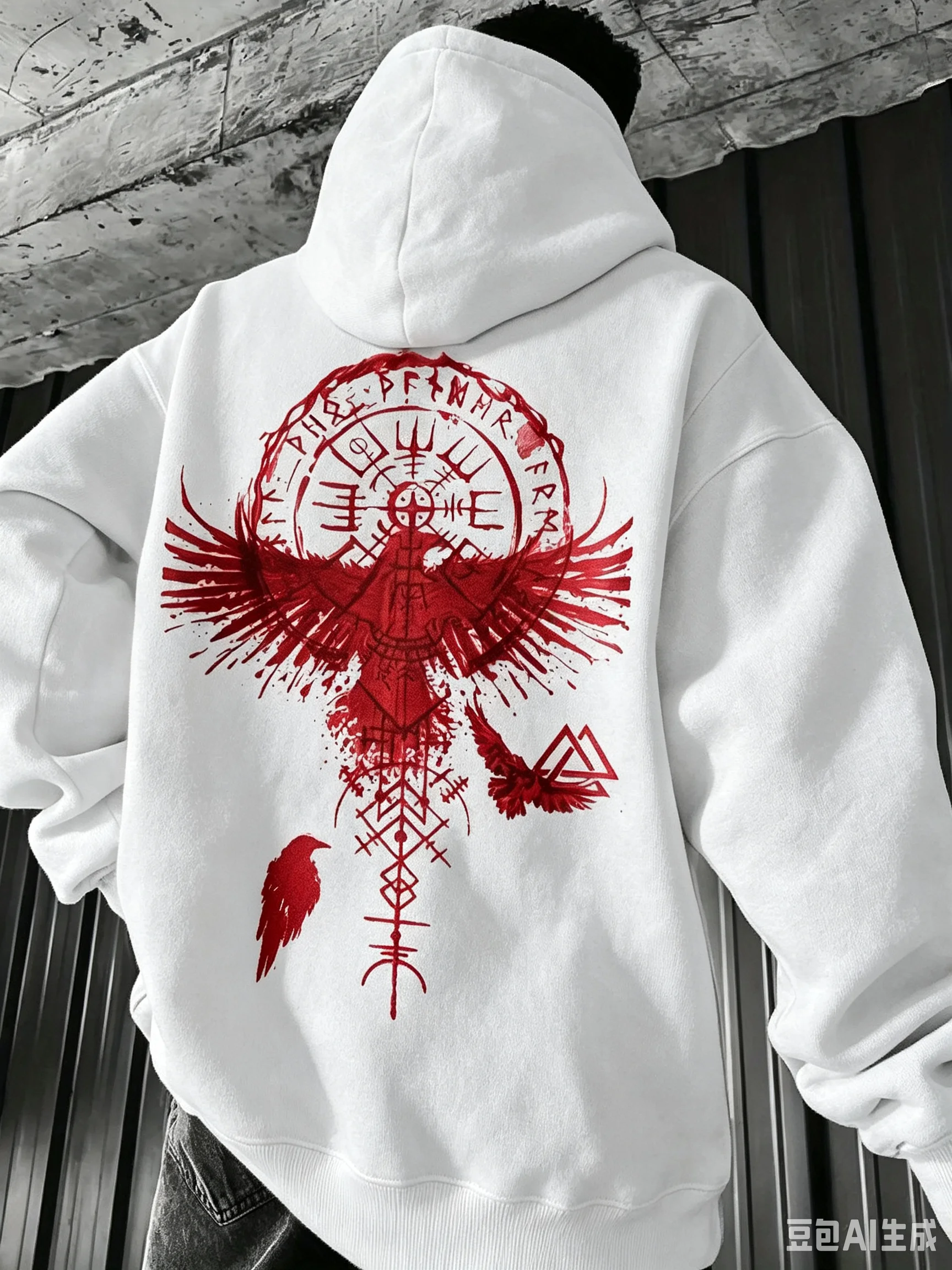 Edgy Myth‑Style Men Hoodie Splash Raven Viking Rune Symbol Back Graphic Print Autumn‑Winter Sweatshirt - view 4