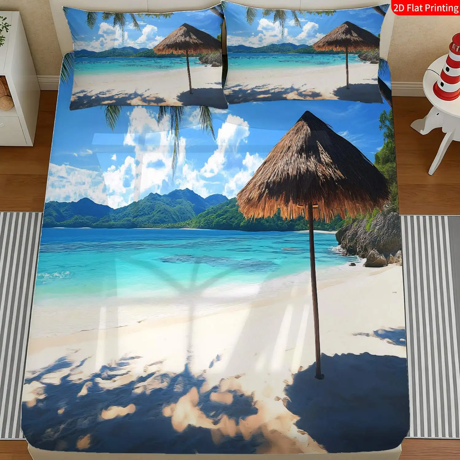 3-Piece Mattress Protector Set with Tropical Beach Style, Designed for Summer Vacations, Turquoise and White Color Scheme with Coconut Tree Print, Mattress Cover and Pillowcase, Stain-Resistant Mattress Protector, Suitable for All Seasons, Machine Washable, Easy to Care For, Suitable for Home Bedrooms, Essential for Dorms and Rentals, Master Bedroom Decoration, Dust-Proof and Stain-Resistant, High Elasticity, Fits Various Sizes