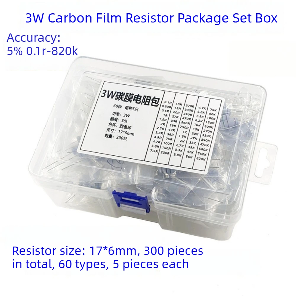 300pcs-3w-carbon-film-resistor-kit-60-values-01Ω-820kΩ-5-tolerance-assortment-set