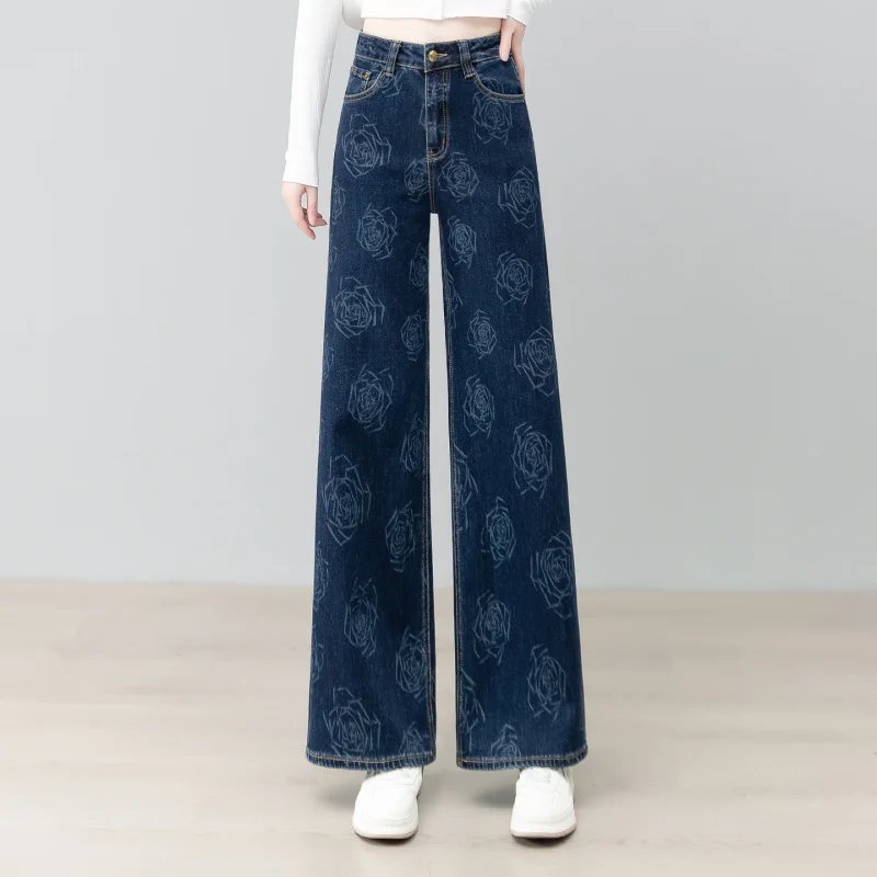 Jeans denim blu scuro nuovi pantaloni dritti drappeggiati lunghi fino al pavimento a vita alta dimagranti larghi autunnali