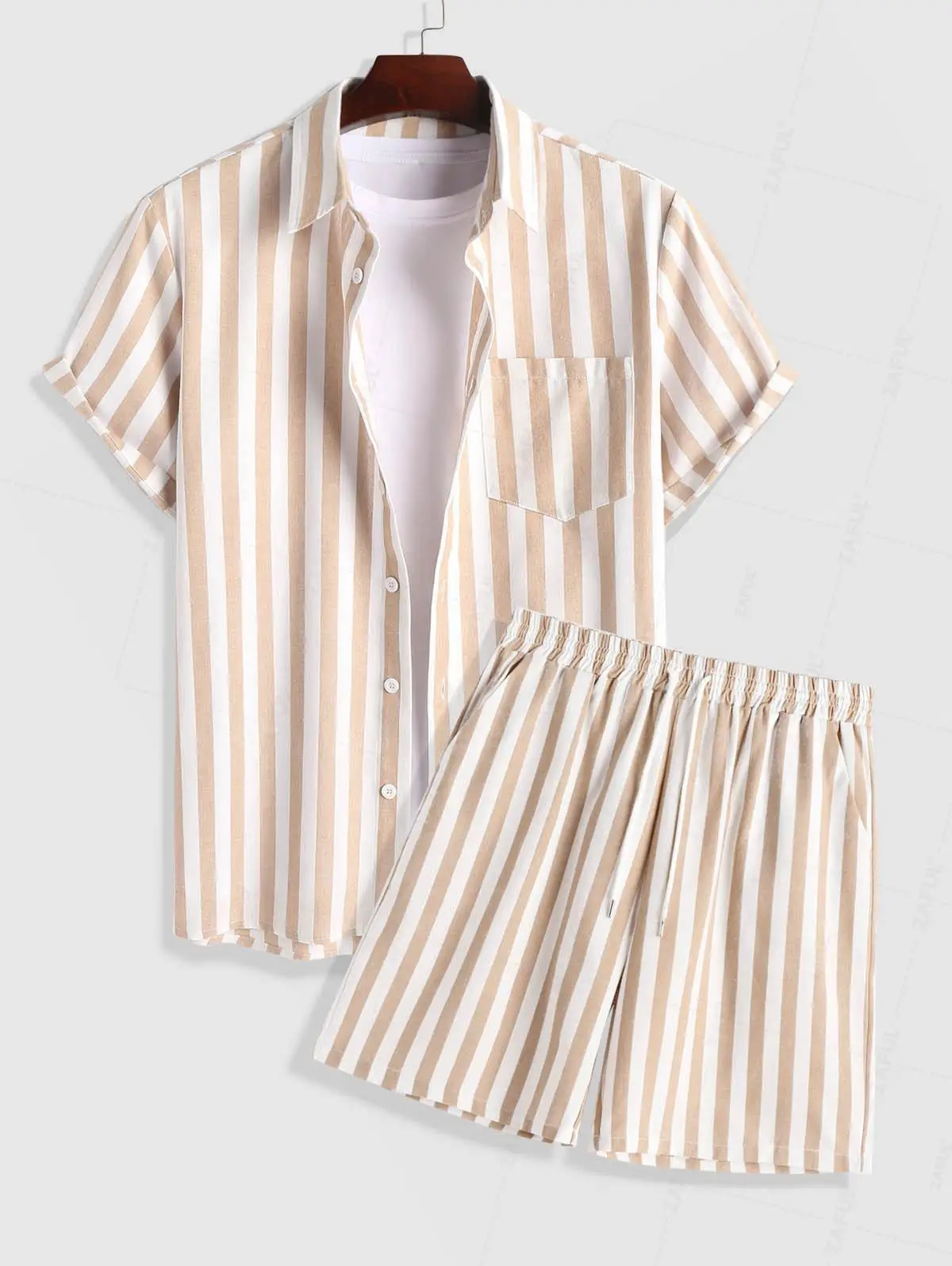 

ZAFUL Men's Casual Co Ord Vertical Stripes Pocket Shirt with Drawstring Short Set