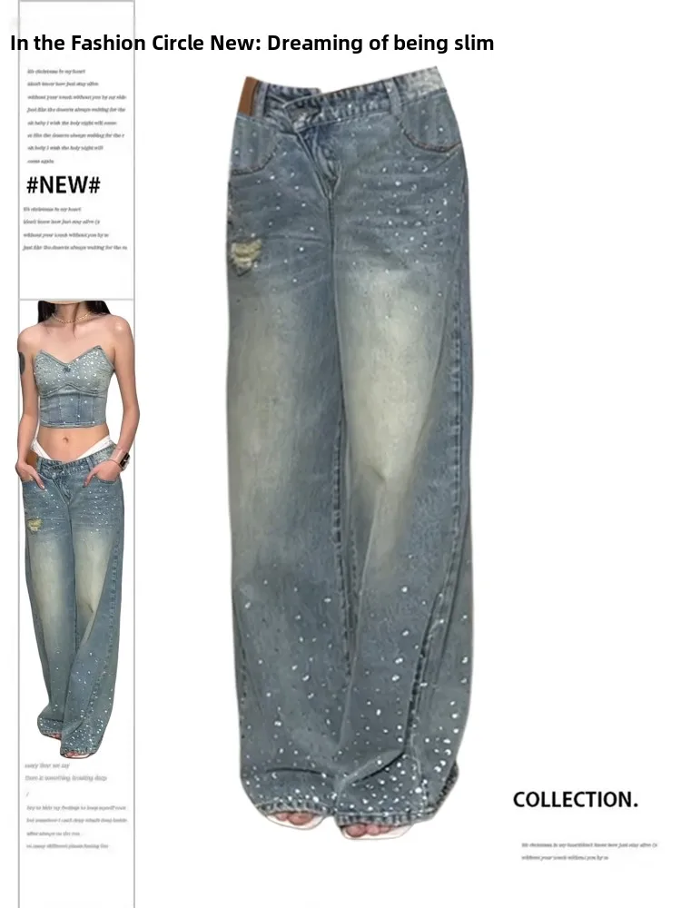 سراويل نسائية كبيرة الحجم غير رسمية من قماش الدنيم صيفية فضفاضة مرصعة بالألماس سراويل طويلة واسعة الساق بخصر غير متماثل