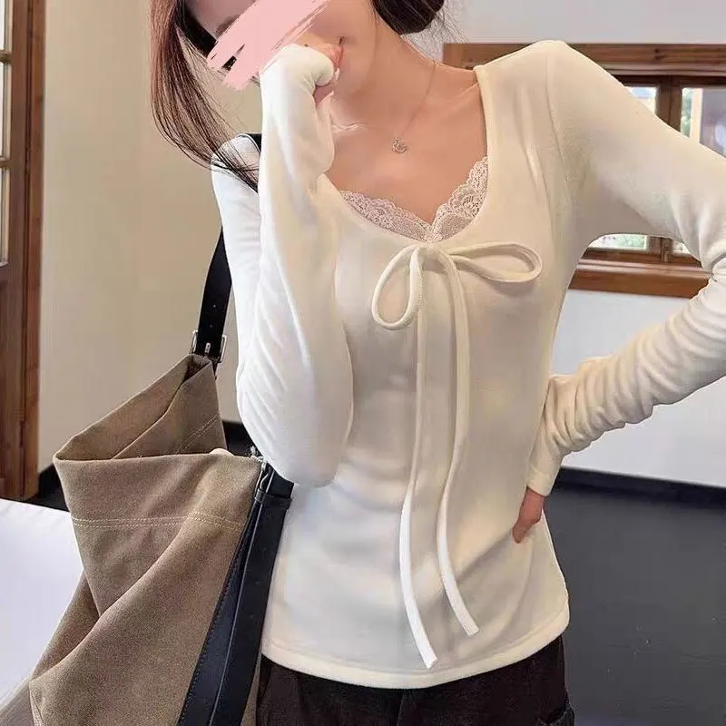 

Fashionable Lace V-Neck Spliced T-shirts Female Clothing Solid Color Autumn Winter Drawstring Korean Slim Long Sleeve Pullovers