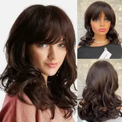 Long Natural Wavy Human Hair Blend Heat Dark Brown Soft Bangs Wigs