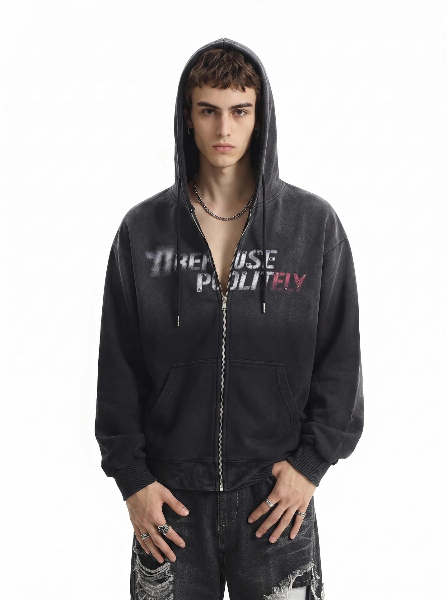 BETEBULE American Style Trendy Worn-In Letter Print Hoodie Men's Loose Fit Autumn New Outerwear Long Sleeve Zipper Closure Ca...