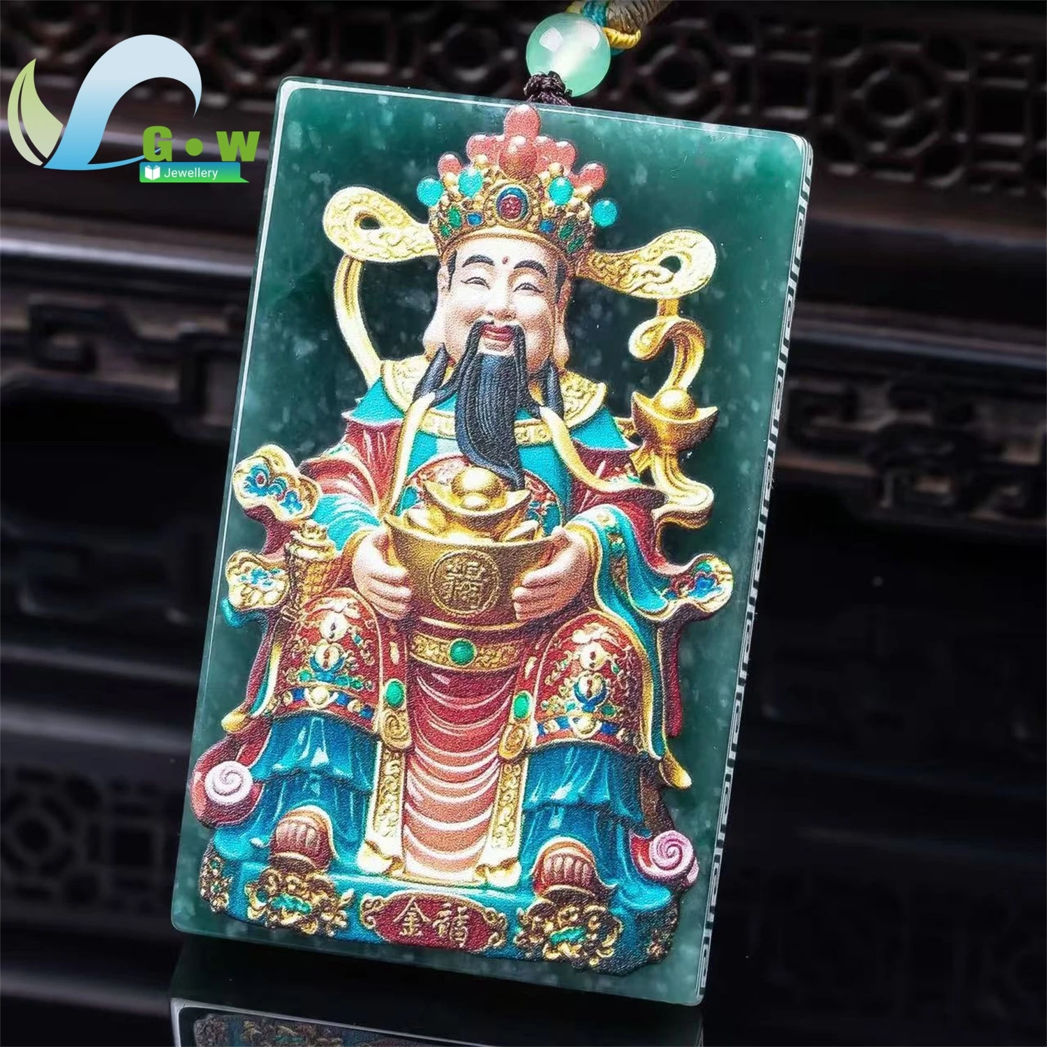 Natural Icy Blue Jadeite Wealth God Double Sided Painted Pendant Unisex Fine Jewelry Gift Lucky Prosperity Artisan Craft Charm