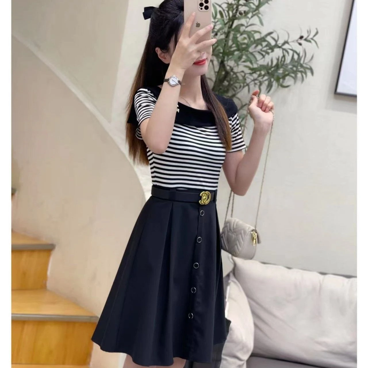 

Foreign style splicing stripes summer fake two dresses covered belly slim design sense small square collar temperament fashion