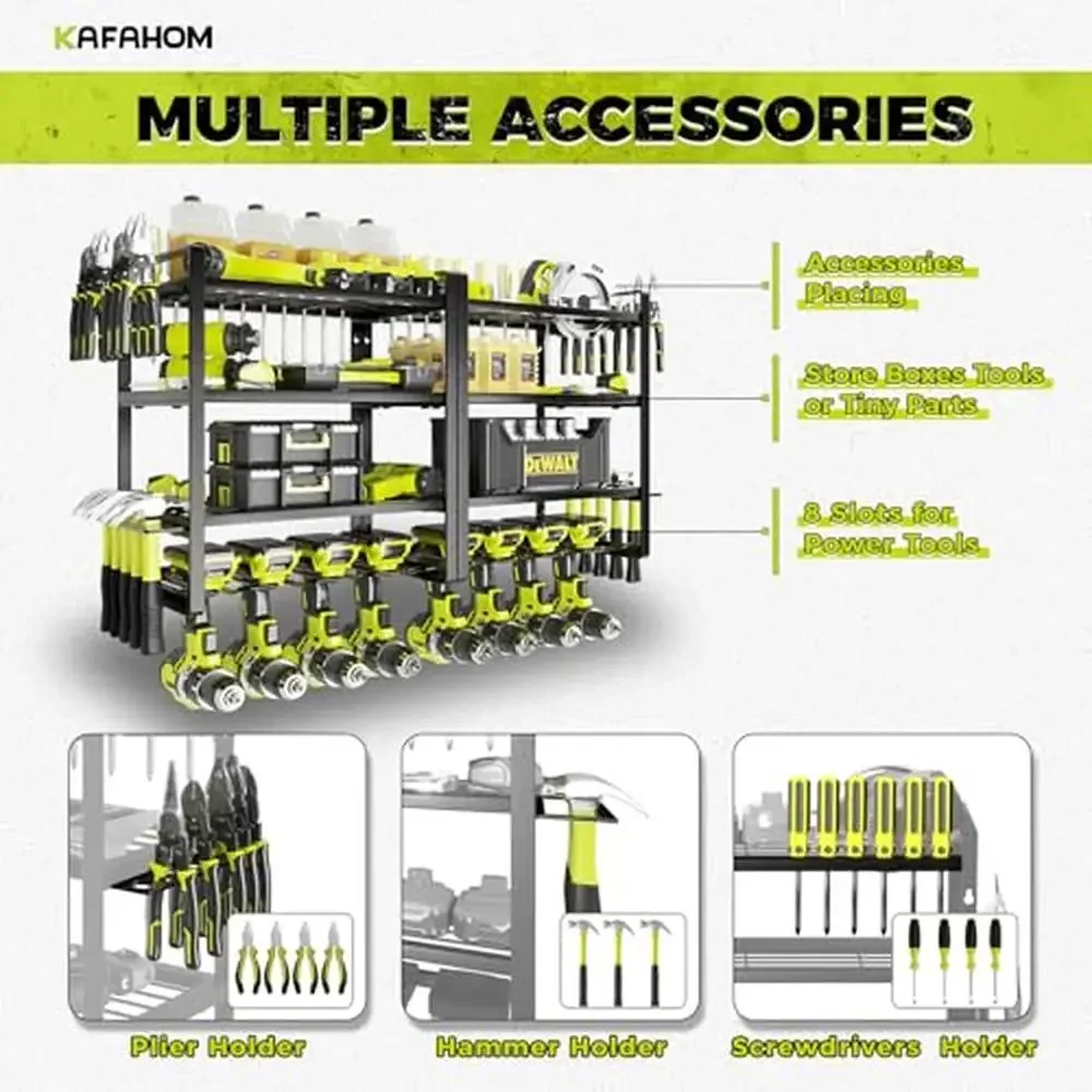 Power Tool Organizer 8 Drill Holder Wall Mount Storage Rack Hammer Pliers Screwdriver Garage Tool Shelf Kit 4 Layers Metal Iron