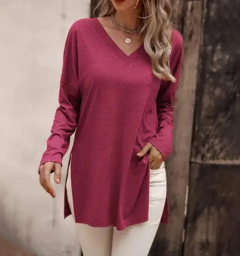 

Top Women 2026 New Spring Autumn Loose Fit Casual Solid Color V-Neck Long Sleeved Side Slit Versatile Casual Daily T-Shirt Top