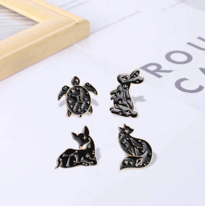 Black Constellation Animal Enamel Pins Rabbit Fox Turtle Deer Bag Brooch Lapel Badge Cartoon Jewelry Gift for Kids Friends