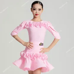 Pink Cha Cha Rumba Latin Dance Costume Girls Salsa Samba Dance Dress Tango Dance Dresses Girl Kids Latin Practice Clothes