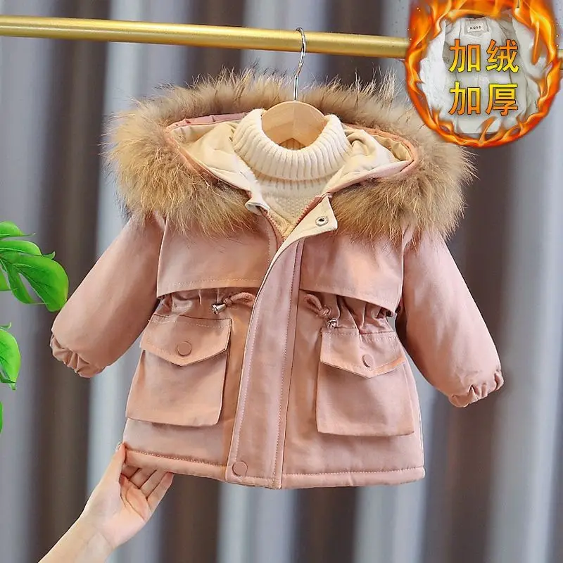 Children's Jacket Girls' New Korean Winter Coat with Thick Velvet for Girls to Overcome Hairy Collar Children's Cotton Jacket