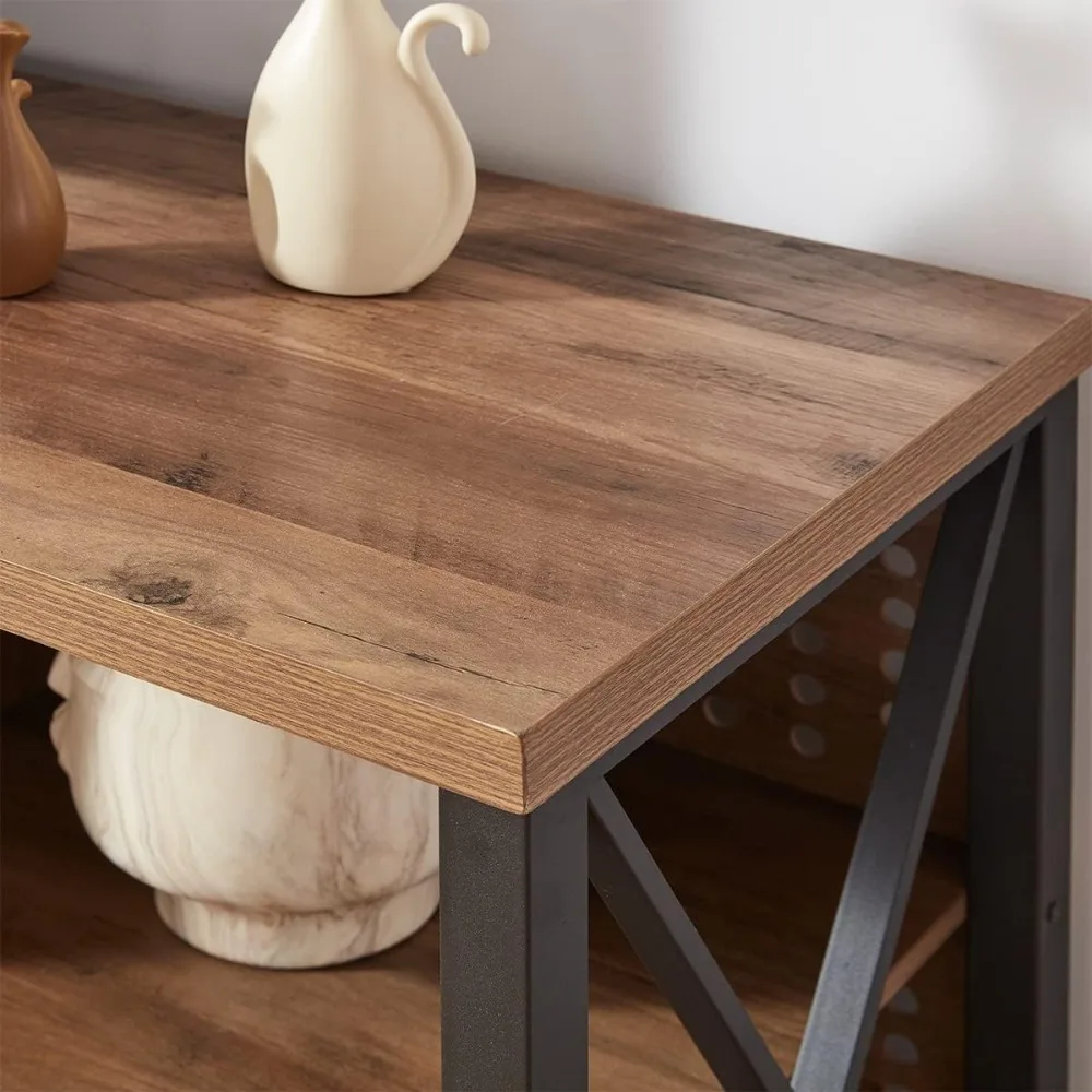 حامل تلفزيون من الخشب والمعدن على الطراز الصناعي لأجهزة التلفاز مقاس 65 بوصة مع وحدة تحكم الوسائط الحديثة ورف تخزين