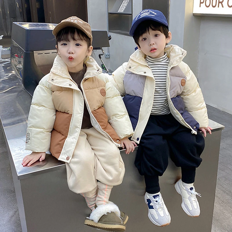 Baby Boys Jacket Autumn Winter New Thick Patchwork Stand Collar Coats For 3 4 5 6 8 Years Girls Keep Warm Cotton Down Snowsuit