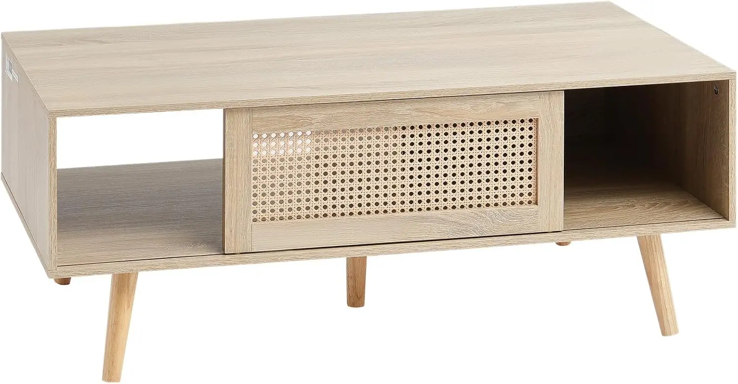 Vevor Rattan Coffee Table, Mid Century Modern Coffee Table, Rectangle Wood Coffee Table, 42 Inch Modern Boho Style Two Layers