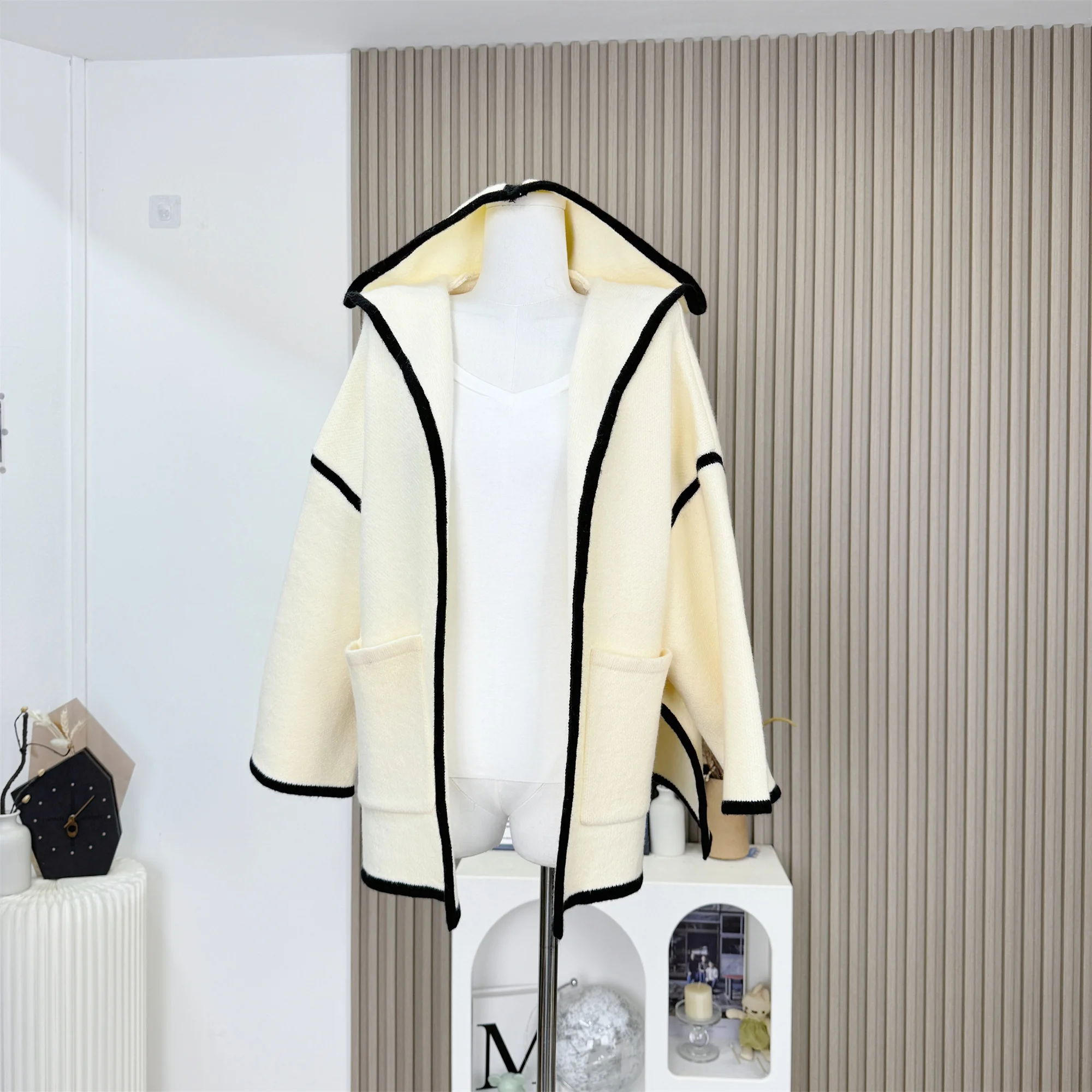 Cárdigan Vintage de lana y Cachemira con capucha para mujer, suéter tejido para otoño e invierno, chaqueta, abrigo informal F267