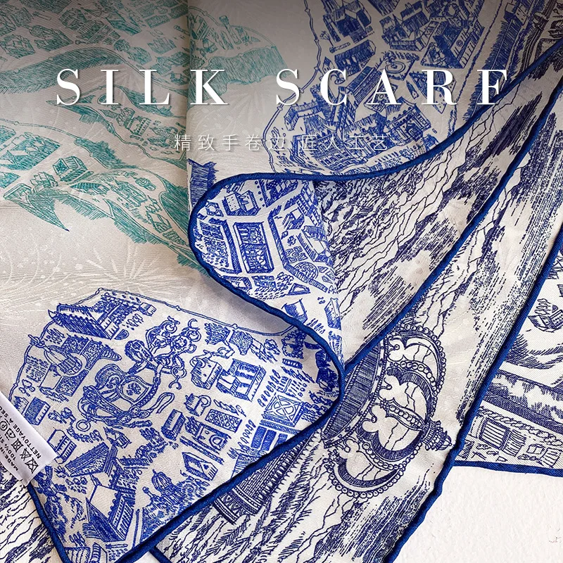 Retro City Map Bandana 100% MULBERRY SILK 65X65cm Cream Shades of Blue Urban Blueprint Neck Hair Wrap Women Holiday Gift view 3