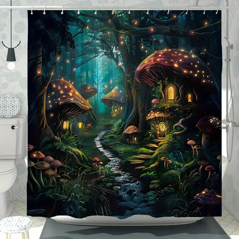 1pc Tale Psychedelic Shower Curtain Mushroom Forest Green Pink Shower Curtain - No Drilling Hooks Required - Durable Polyester -