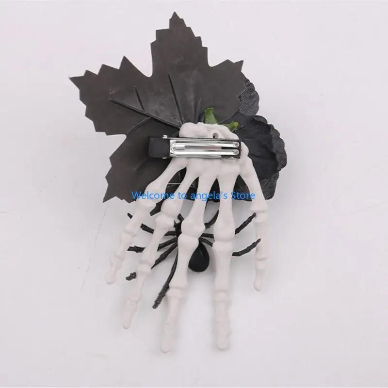 X4YC مشبك شعر بنمط العظام للهالوين مع وردة صناعية تفصيلية غير قابلة للانزلاق لتسريحات الشعر النشطة للشباب والكبار